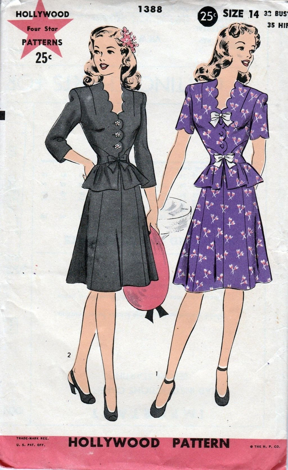 Hollywood 1388 Vintage 1940's Sewing Pattern Ladies Suit Dress Peplum