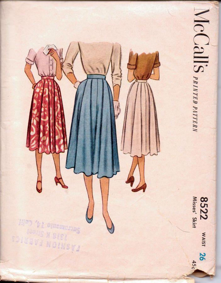 McCalls 8522 Vintage 1950's Sewing Pattern Ladies Pleated Skirt