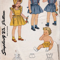 Simplicity 1959 Vintage 1940's Sewing Pattern Little Girls Toddler Pinafore Dress Panties Bonnet - VintageStitching - Vintage Sewing Patterns