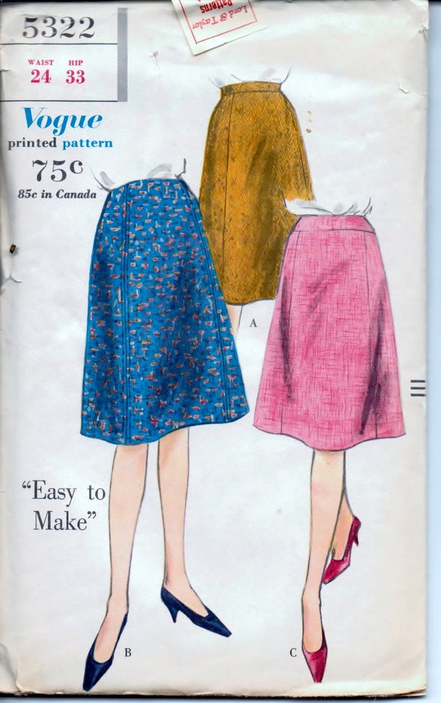 Vogue 5322 Ladies Gored Skirt Vintage 1960's Sewing Pattern Waist 24 ...