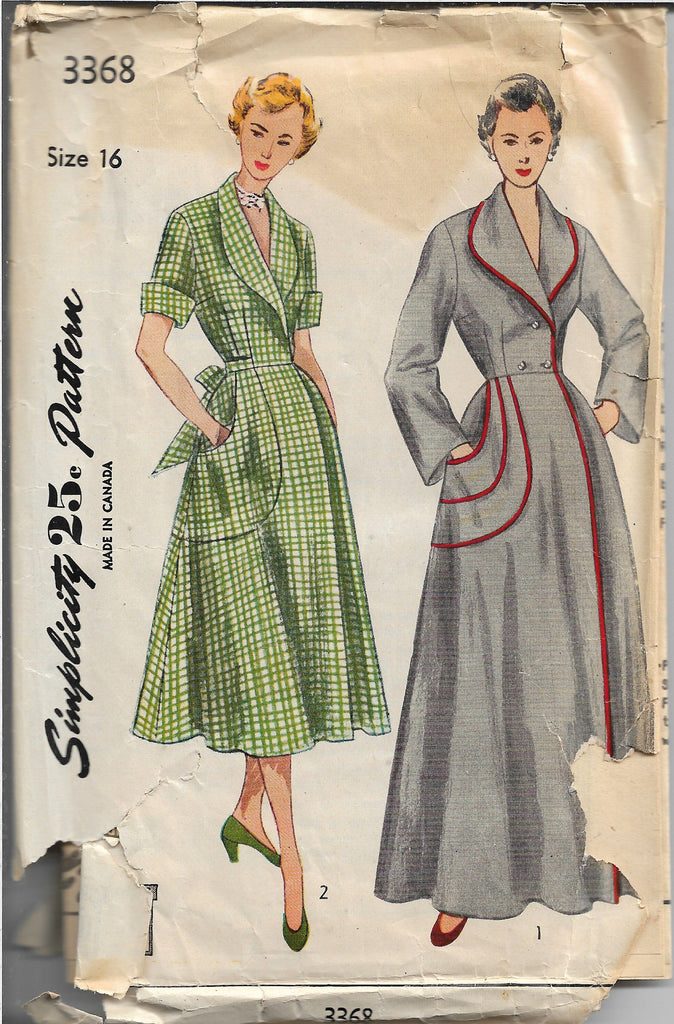 Simplicity 3368 Ladies Housecoat Robe Vintage Sewing Pattern 1950s ...