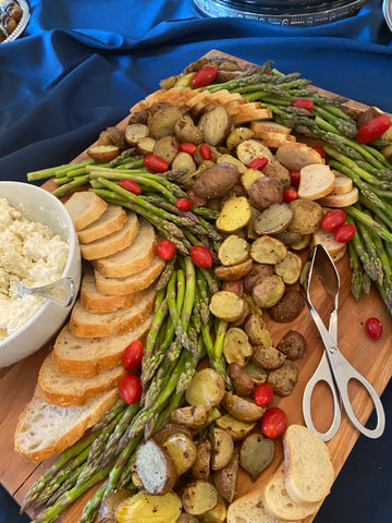 asparagus and potatoes on a tray
