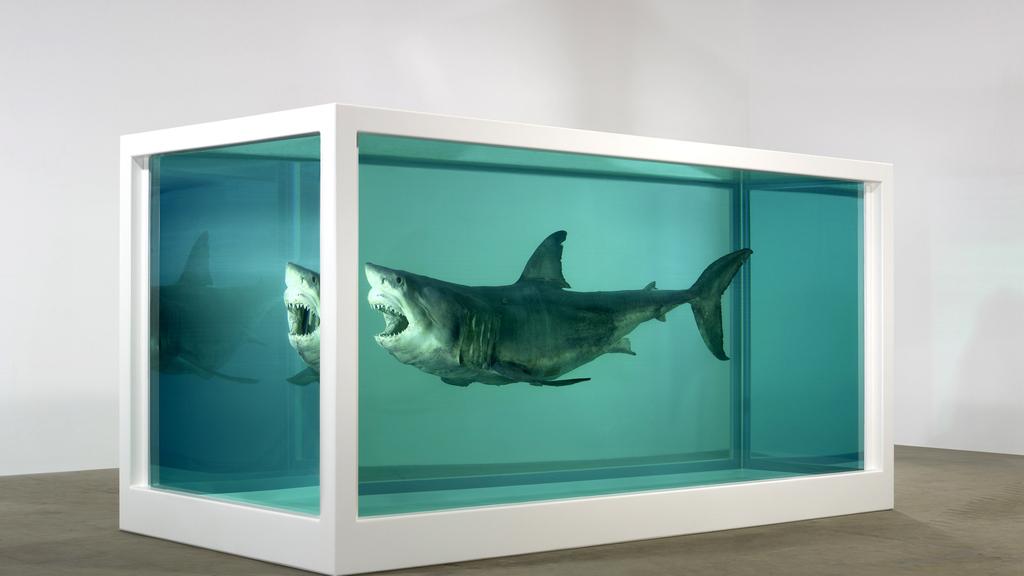 “The Physical Impossibility of Death in the Mind of Someone Living” by Daniel Hirst.  A shark submerged in formaldehyde. You know, the same chemical used as a preservative in animal cosmetics.
