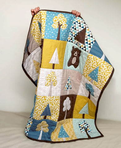 Blue - mustard yellow - brown tree quilt "Our Forest WInter"