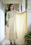 SR0497 Cream Cotton Gown Pant Dupatta Set