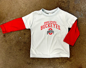 OHIO STATE BUCKEYE RED-SLEEVED BASEBALL STYLE TODDLER SHIRT - OSU Sports Fans