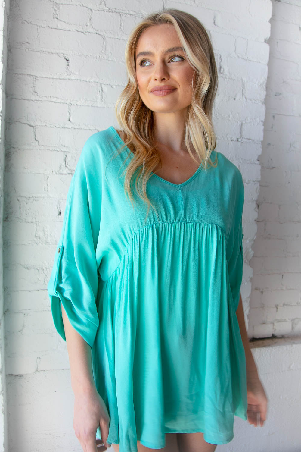 Mint Button Clasp Roll Up Sleeve V Neck Woven Blouse