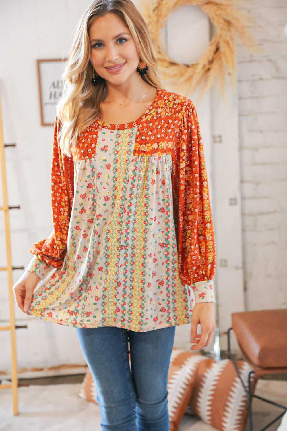Rust & Taupe Floral Color Block Bubble Sleeve Yoke Knit Top