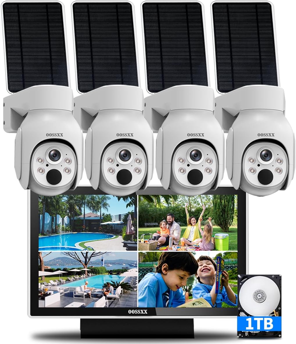 OOSSXX (PT Digital Zoom 100% Wire-Free) 2-Way Audio Wireless Solar Cameras, Solar Battery PIR Detection Outdoor Wireless Security Camera System Video Surveillance System