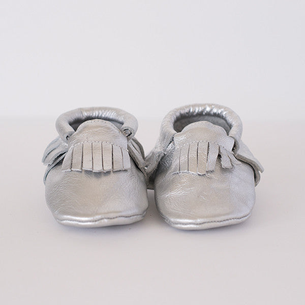 silver moccasin shoes