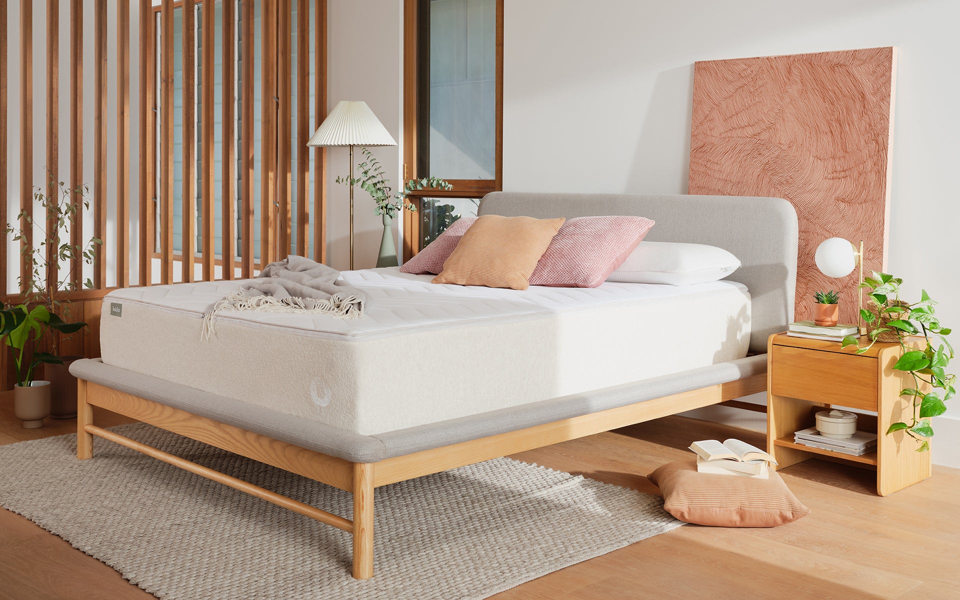 The Koala Calm As Mattress in beautiful bedroom with timber features and beautiful art