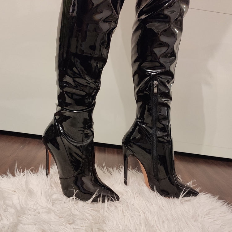 Black Patent Leather Zip Pointed Toe Knee High Boots – Onlymaker