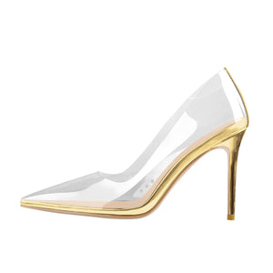 Transparent Pointed Toe Slip on Gold High Heel Stiletto Pumps – Onlymaker