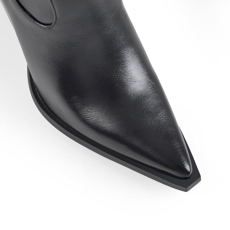 Black Pointed Toe Rivet Belt Cowboy Zipper Chunky Heels Boots#N#– Onlymaker