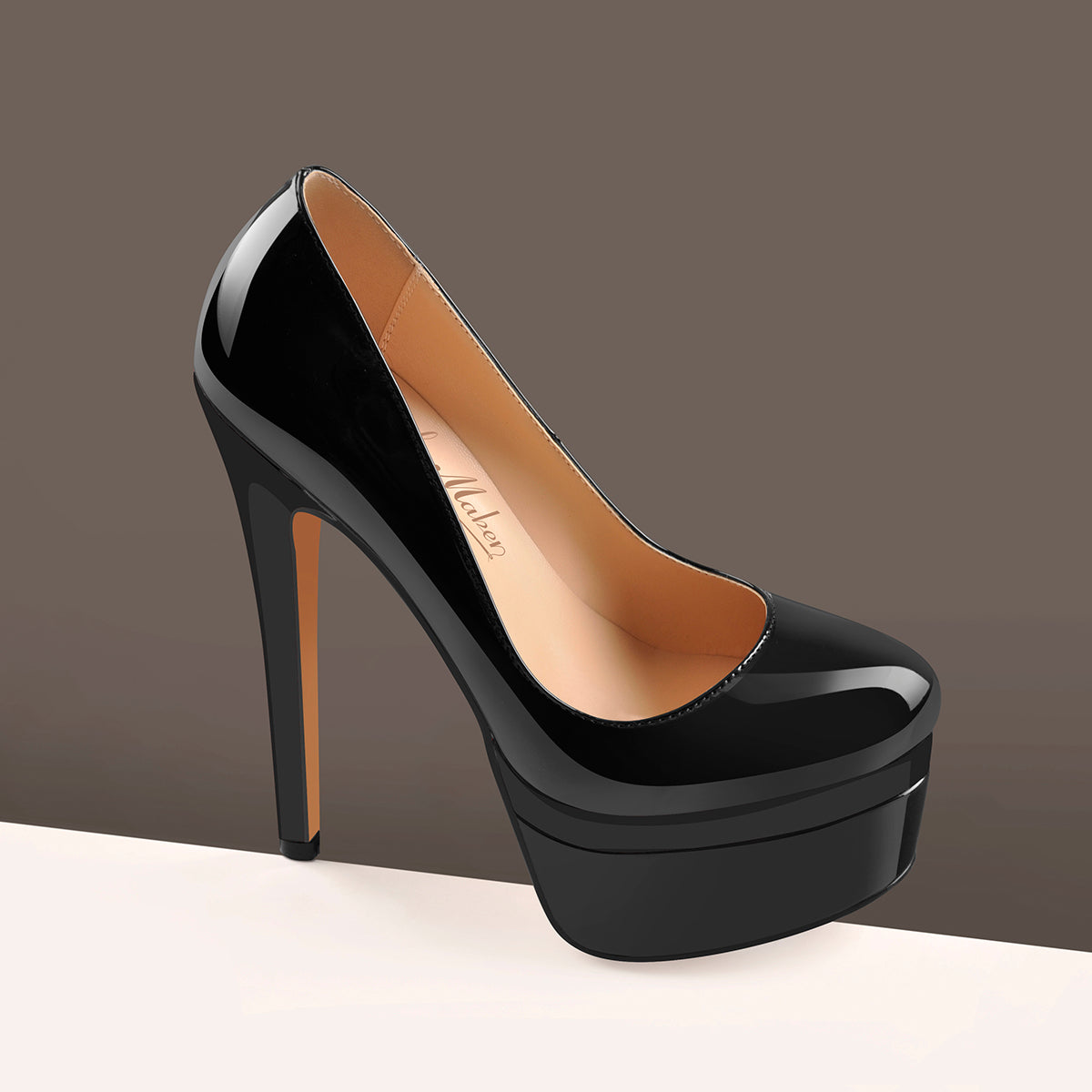 Black Patent Leather Round Toe Double Platform High Heel Pumps Onlymaker