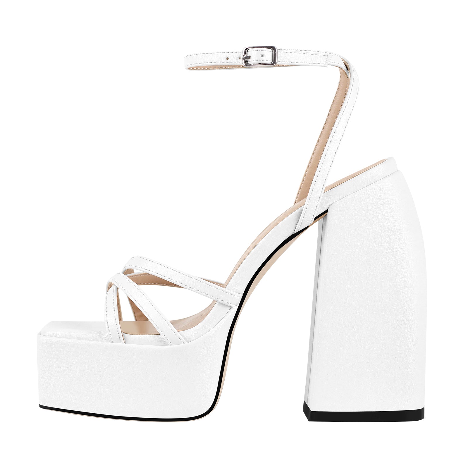White Ankle Strap Platform Chunky Heels Sandals#N#– Onlymaker