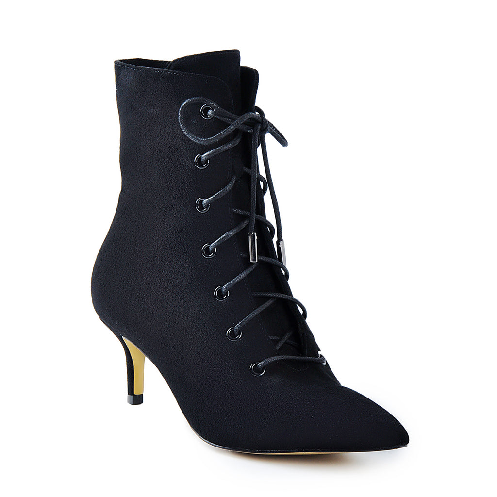 black lace up booties low heel