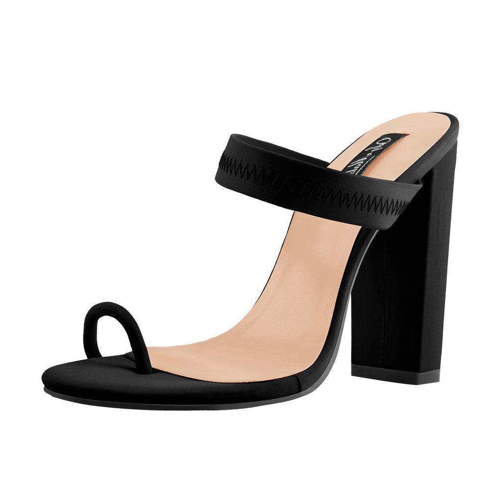 Black Chunky High Heel Mules Toe Ring Sandals – Onlymaker