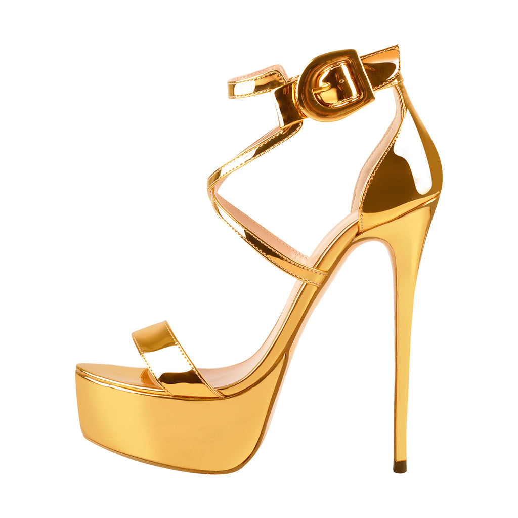 Golden Metallic Luster Platform Stiletto Ankle Strap Crisscross Sandal ...