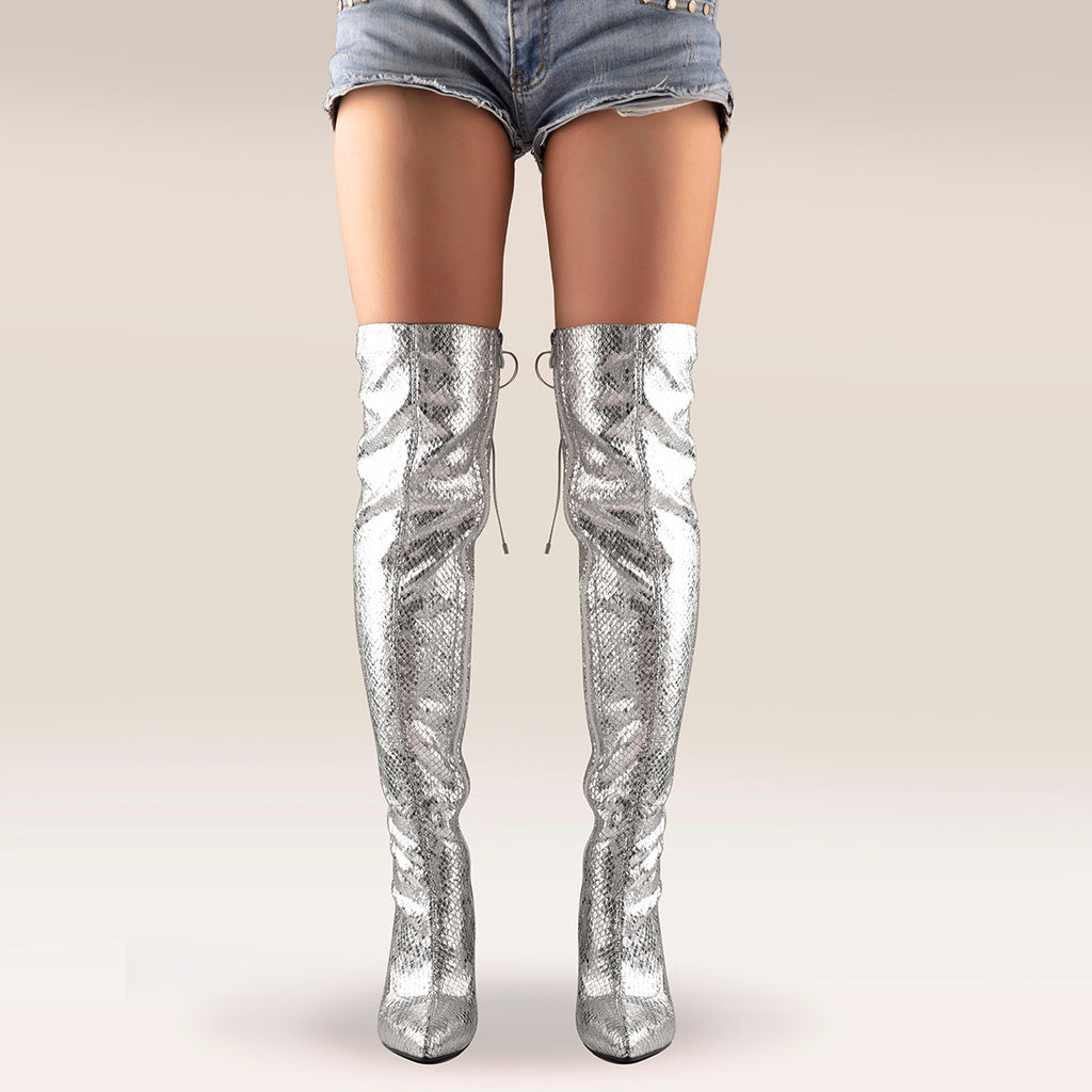 metallic thigh boots