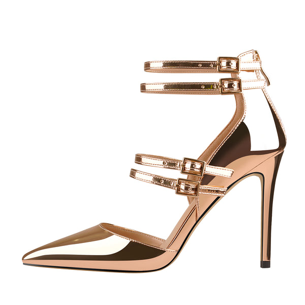 Golden Pointed Toe Double Buckle Strap High Heels Pumps – Onlymaker