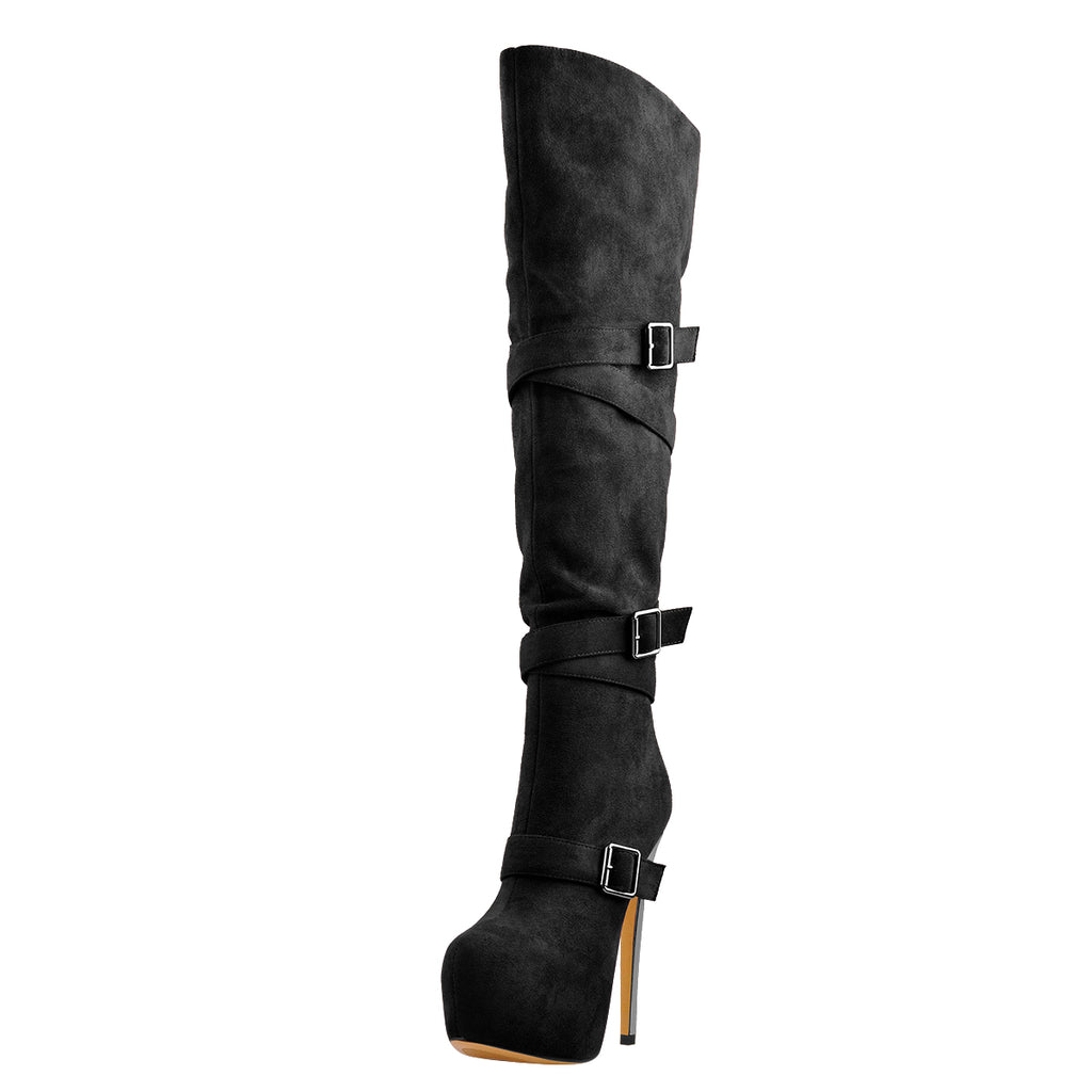 Black Suede Platform Buckle Stiletto Over The Knee High Boots Onlymaker 4239