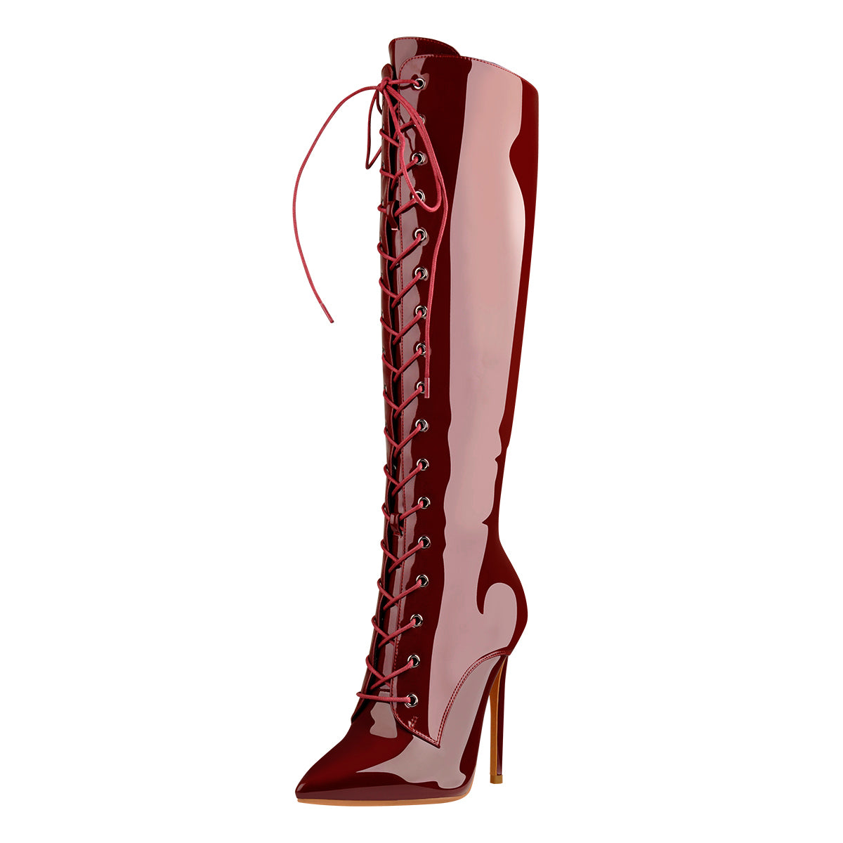 Red Patent Leather Lace Up Pointed Toe Knee High Boots Onlymaker 1569