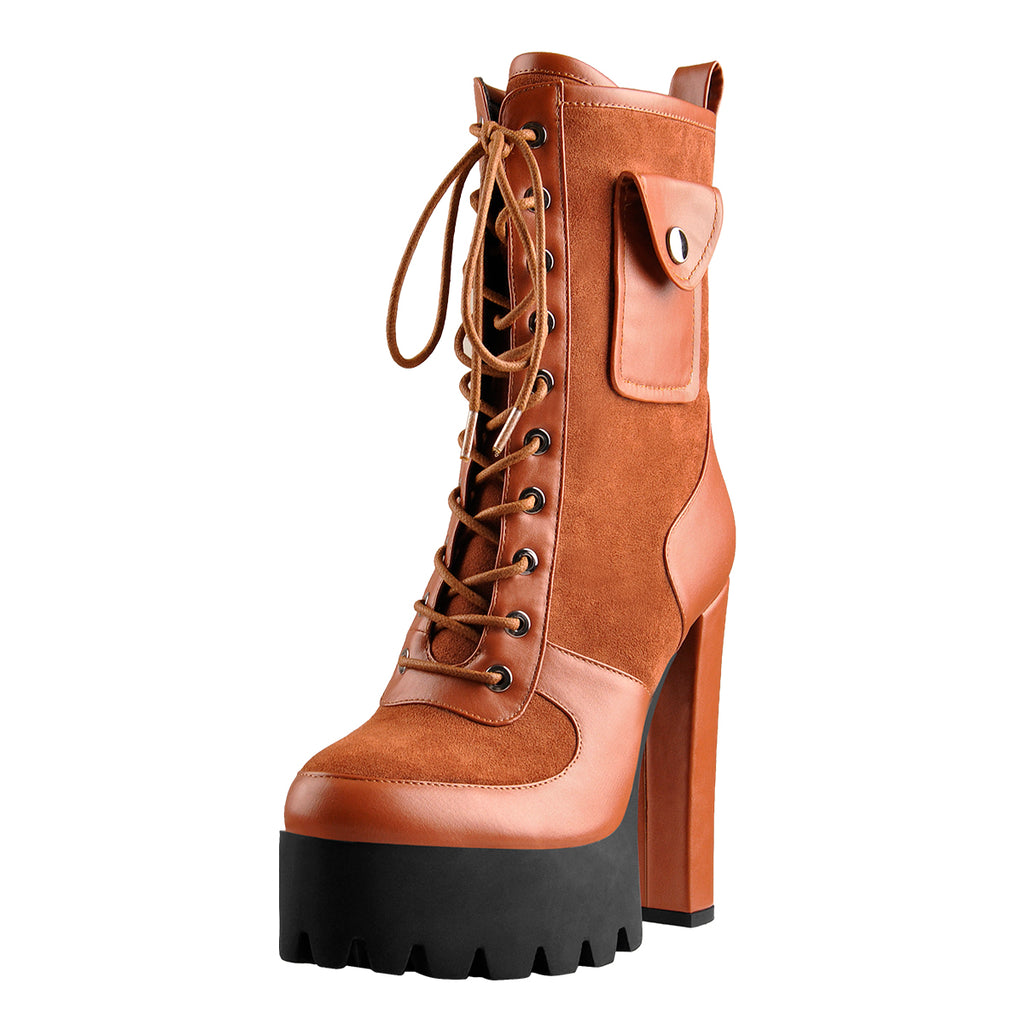 Platform Lace Up Chunky Heel Combat Mid Calf Pocket Fashion Boots ...