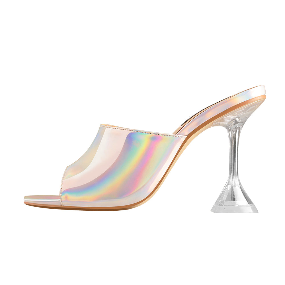 Holographic Transparent Tapered Heel Sandals Mules#N#– Onlymaker