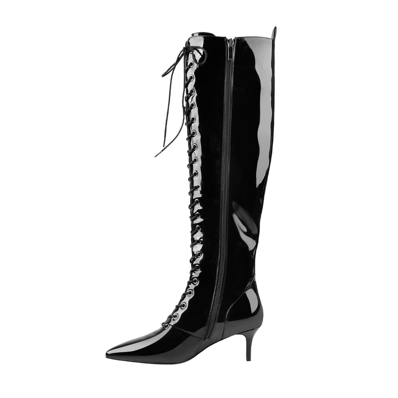 Overall Patent Leather Pointed Toe Knee High Mid Heel Boots