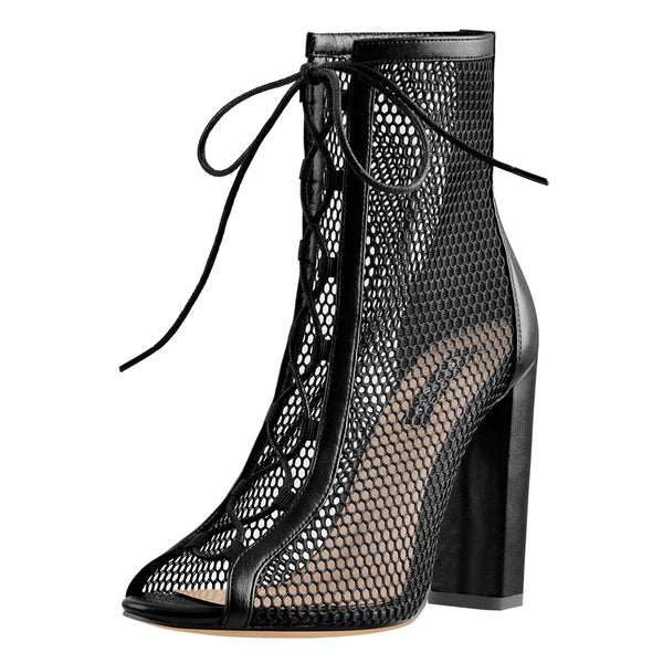 mesh high block heel peep toe sandals