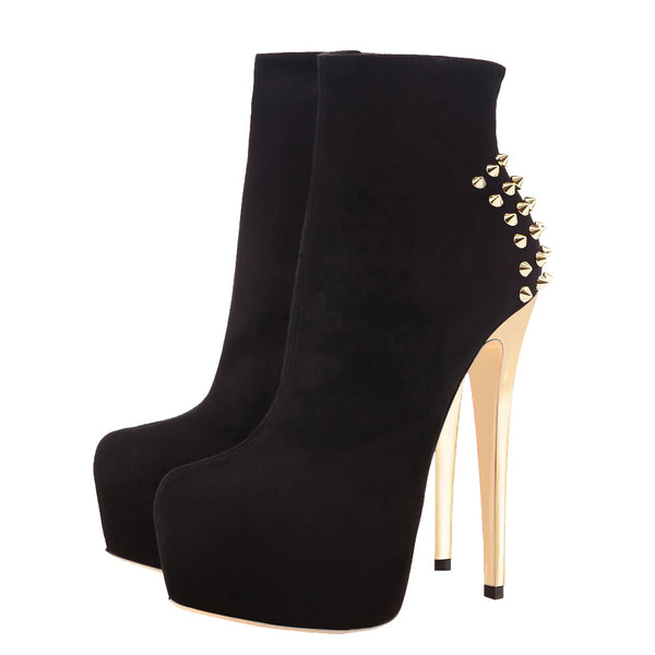 Black Suede Platform Golden Rivet Stiletto High Heel Ankle Boots ...