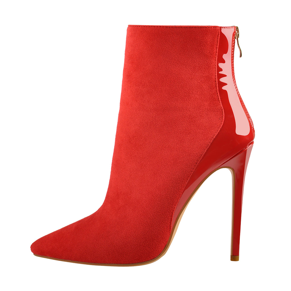 Red Suede Patent Leather Stitching Pointed Toe Ankle boots – Onlymaker