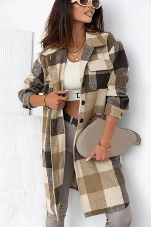 Khaki Plaid Button Down Long Shacket - K.Marie & Co.