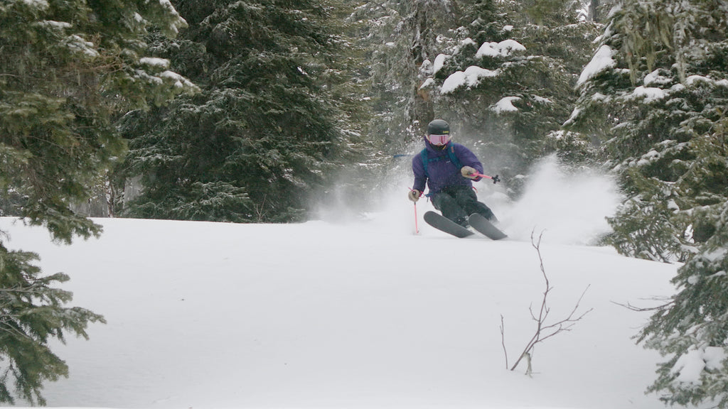 Iris Deskins skiing in Jewel Basin Yurt, Montana.