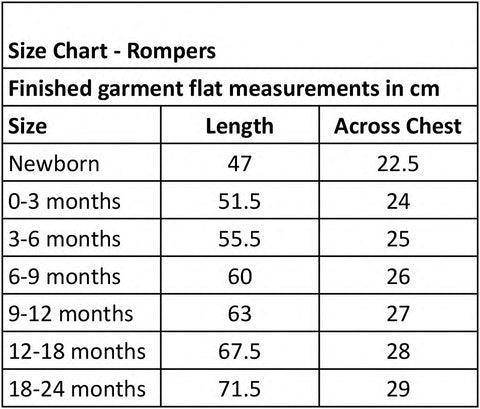 Wonder and Wren romper size chart