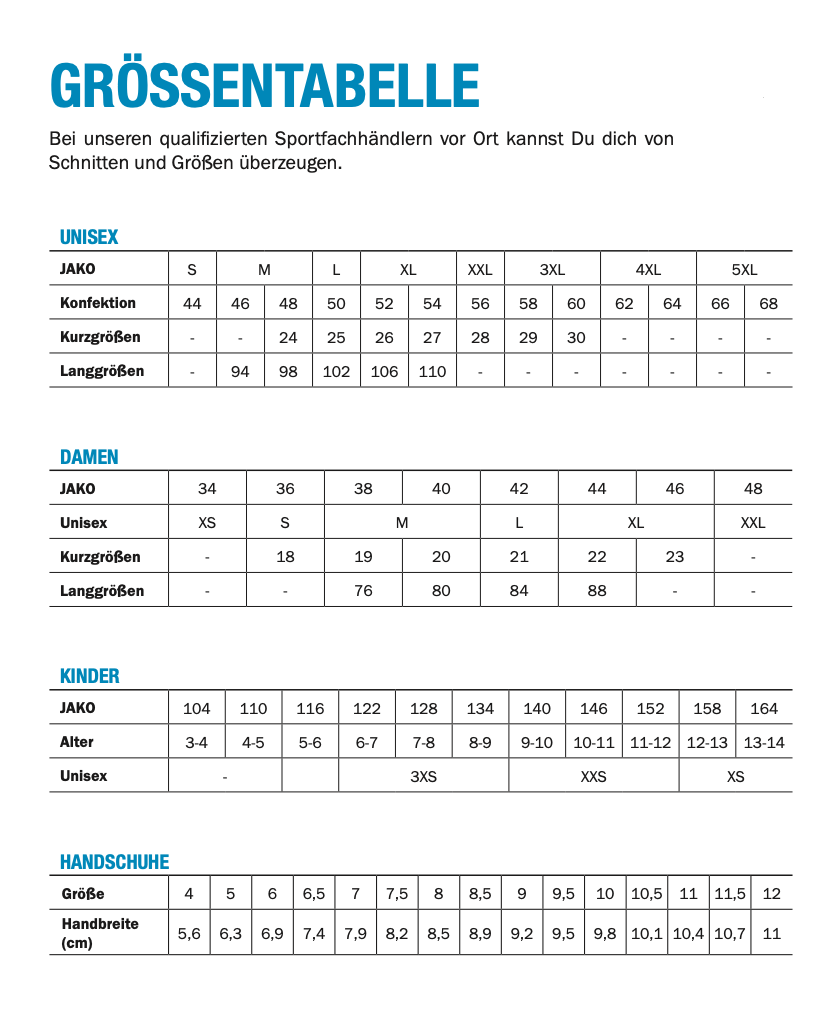 Size chart for Jako items