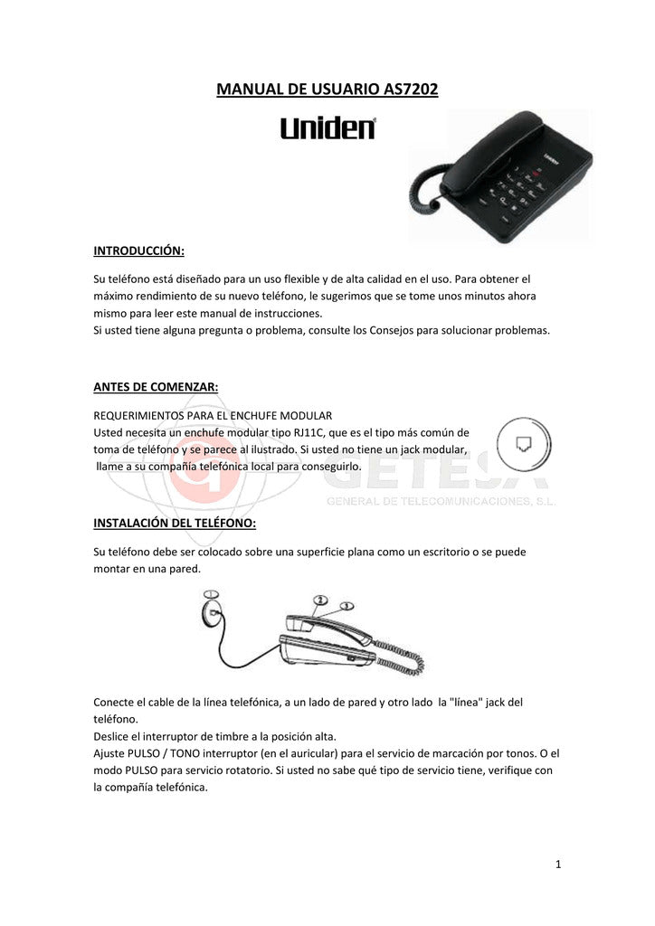 Teléfono Fijo Uniden AS-7202 Sobremesa 