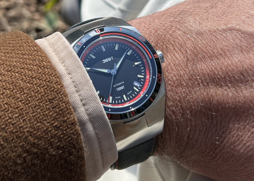 Beautiful shot of our red bezel watch