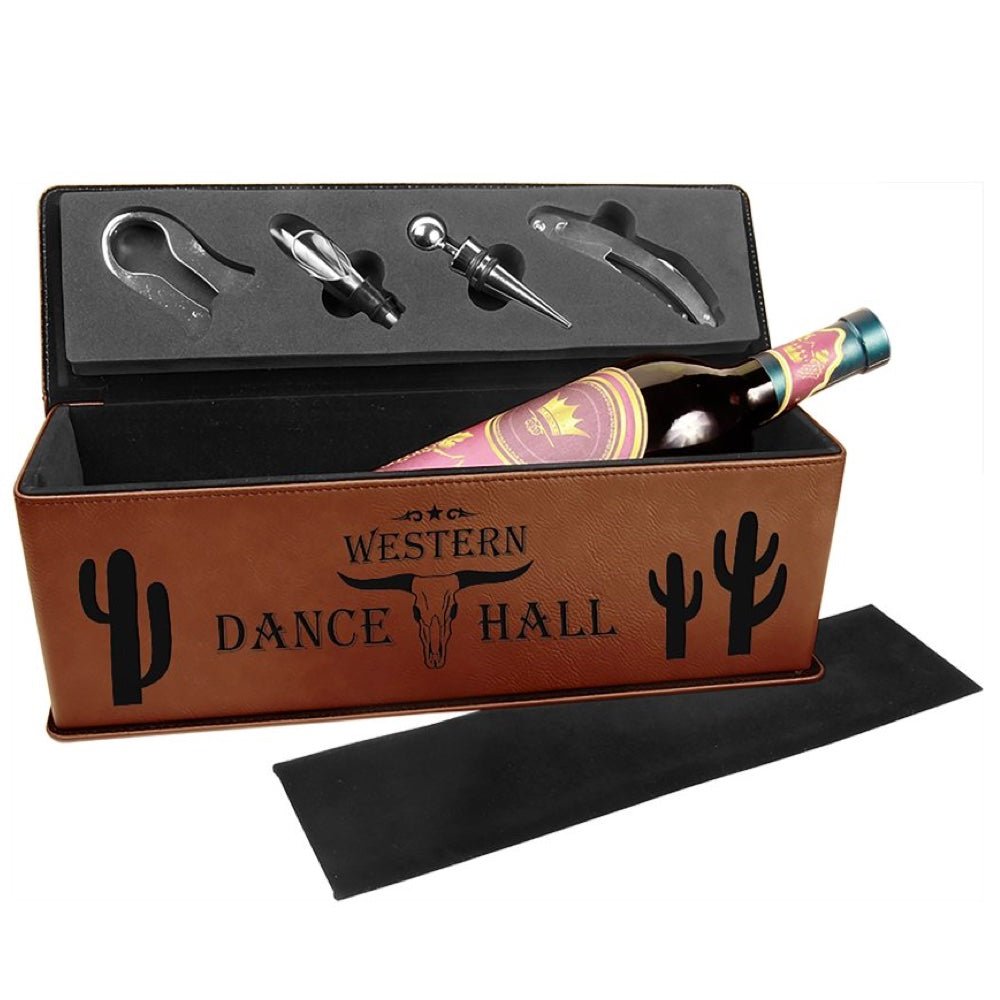 Dark Brown Engravable Leatherette Single Wine Gift Box with Tools