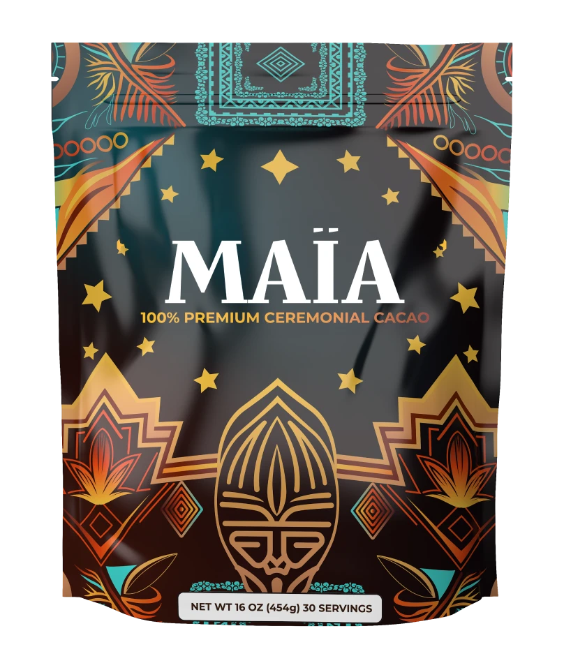 Package of MAIA 100% Premium Ceremonial Cacao with decorative designs.