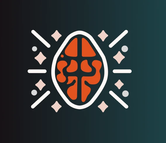 Abstract design with a stylized orange brain and geometric accents.