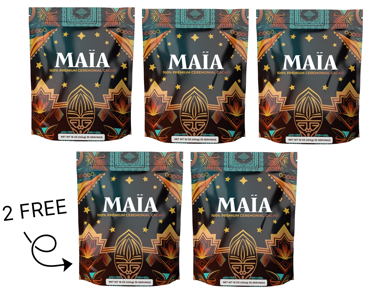 Five packages of Maia ceremonial cacao with artistic designs.