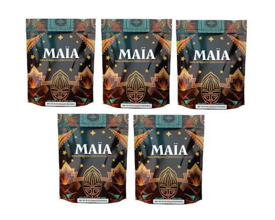 Five MAIA packaging bags with intricate designs are displayed.