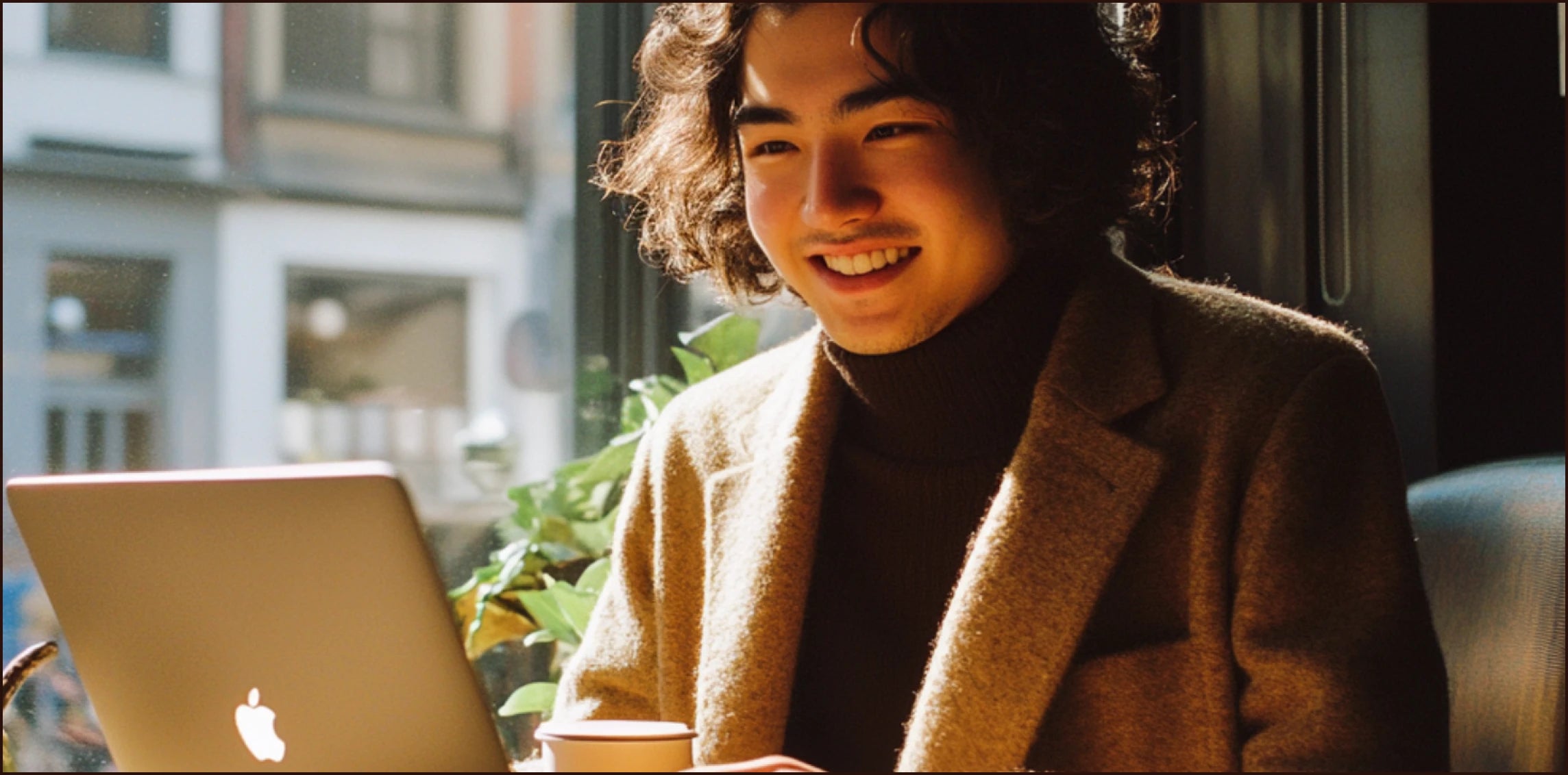 Smiling person using a laptop in a cozy café.