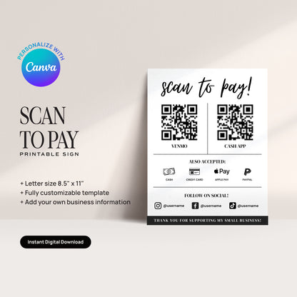 Scan to Pay  Printable Sign, Personalize on Canva