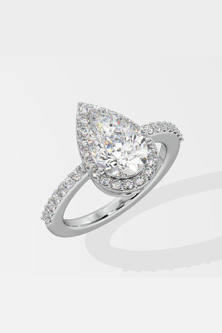 Askew Pear Solitaire Halo Ring