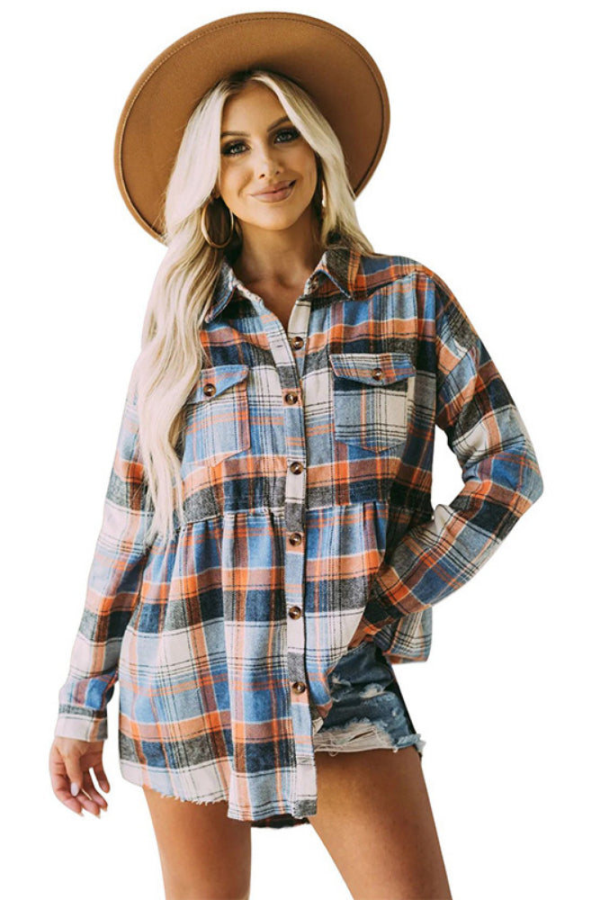 Lapel Long Sleeve Pocket Casual Plaid Shirt