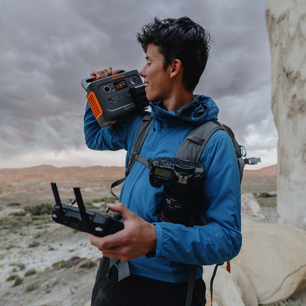 Carrying the Jackery Explorer 300 Plus On Shoulder While Operating a Drone