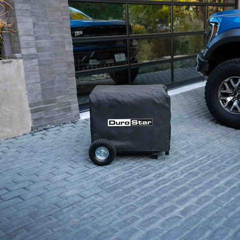 DuroStar Small Weather Resistant Portable Generator Cover Outdoors On A Driveway